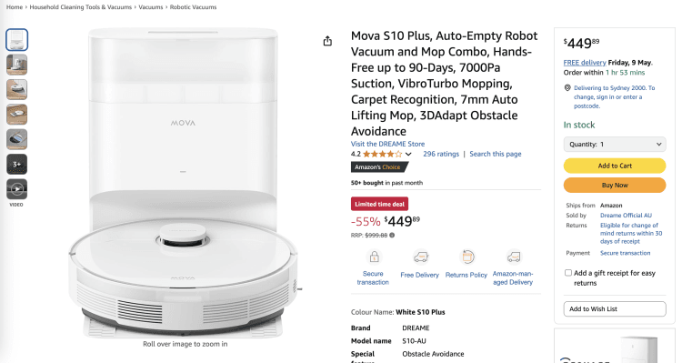 Amazon: Mova S10 Plus, Auto-Empty Robot Vacuum and Mop Combo – 55% Off, now $449.89